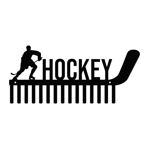 Black medal holder featuring the word 'Hockey' with a silhouette of a player on the left and a hockey stick on the right. Includes multiple hooks for hanging.
